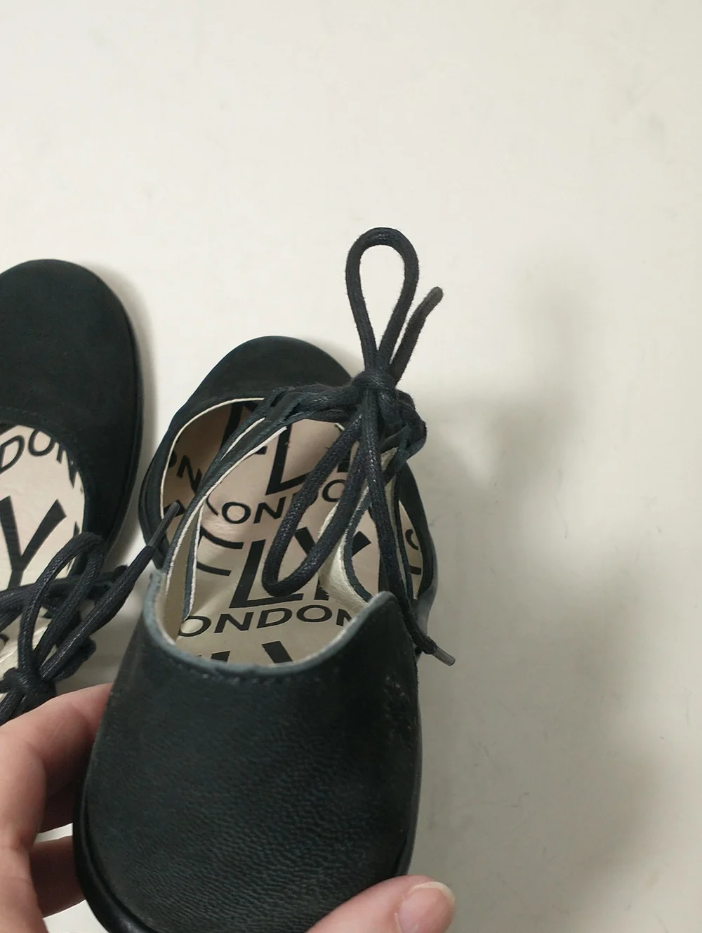 LIKE NEW Fly London Poma Tie Wedge Sandal, Covered Toe, Black, Euro 39, US 8